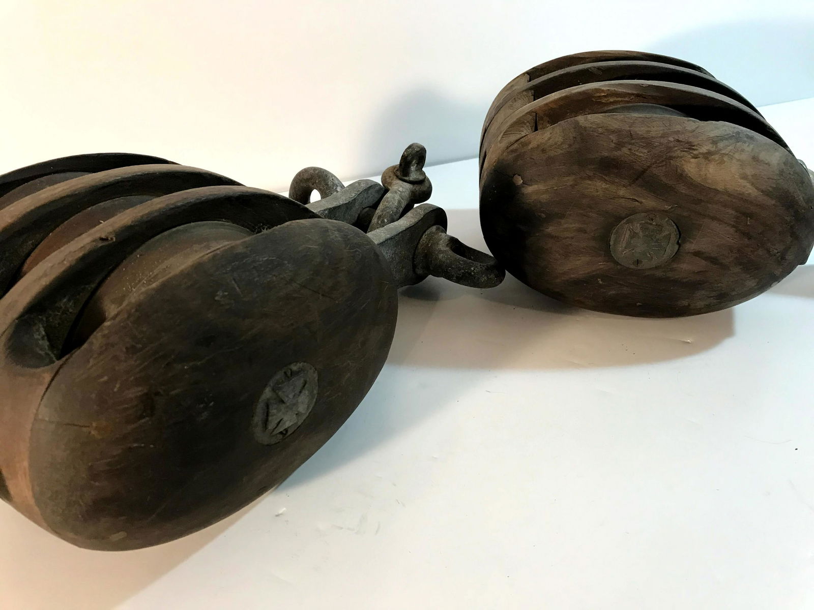Rare Vintage Wooden Block Tackle: Antique Vintage Wooden Block Tackle Pulley Barn Farm Boat Nautical Tools this set is very rare never seen any like it very heavy. Please view all photos as they are part of the description and conditi