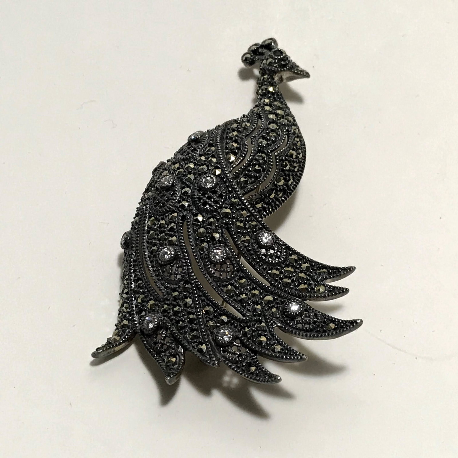 Marcasite 925 Sterling Silver Peacock Brooch: Marcasite 925 Sterling Silver Peacock Pendant Brooch Marked JJ Please view all photos as they are part of the description and condition of this Item, Feel free to contact me with questions or picture 