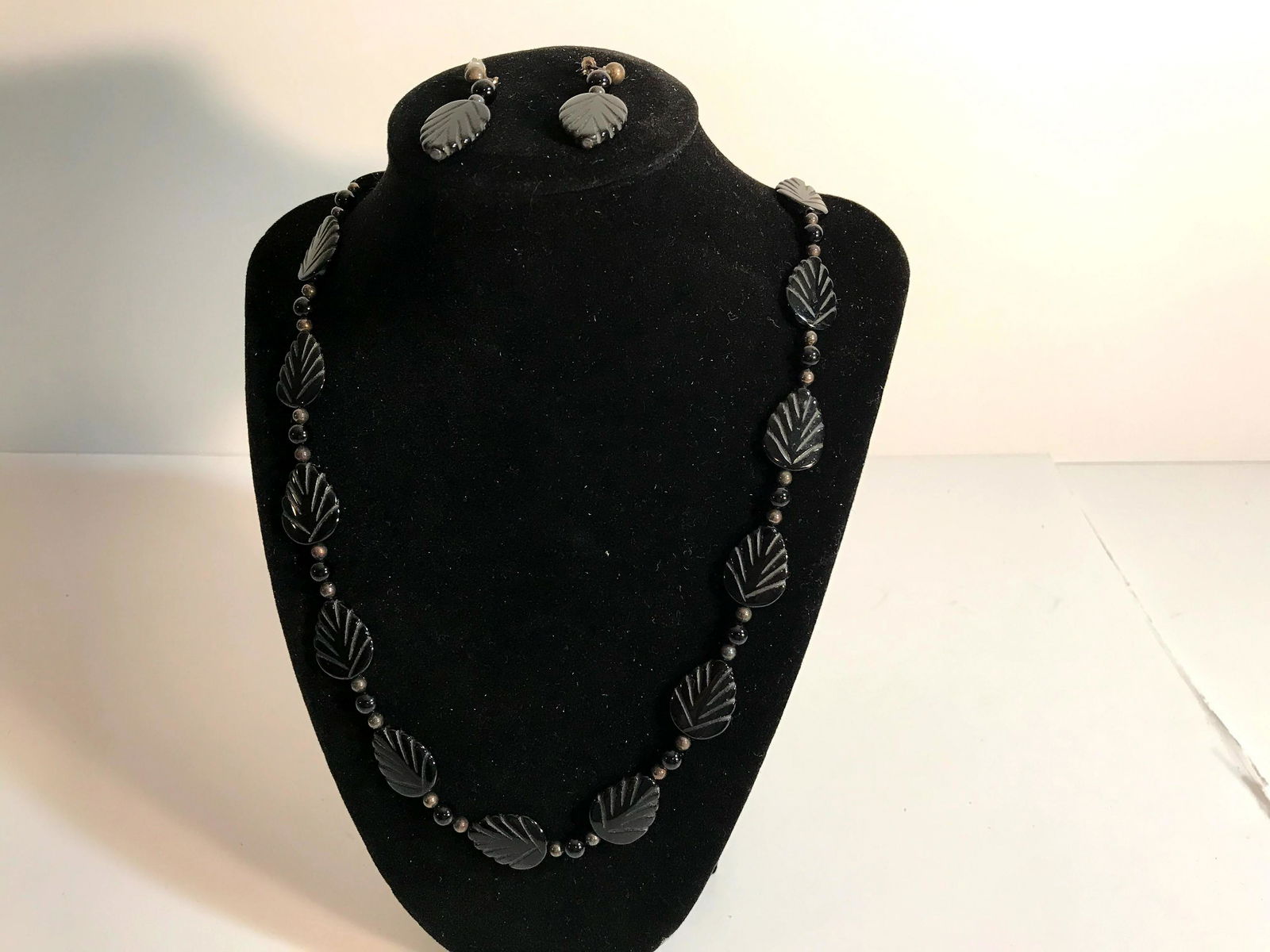 Vintage black leaf glass bead necklace Earrings (1 of 3)