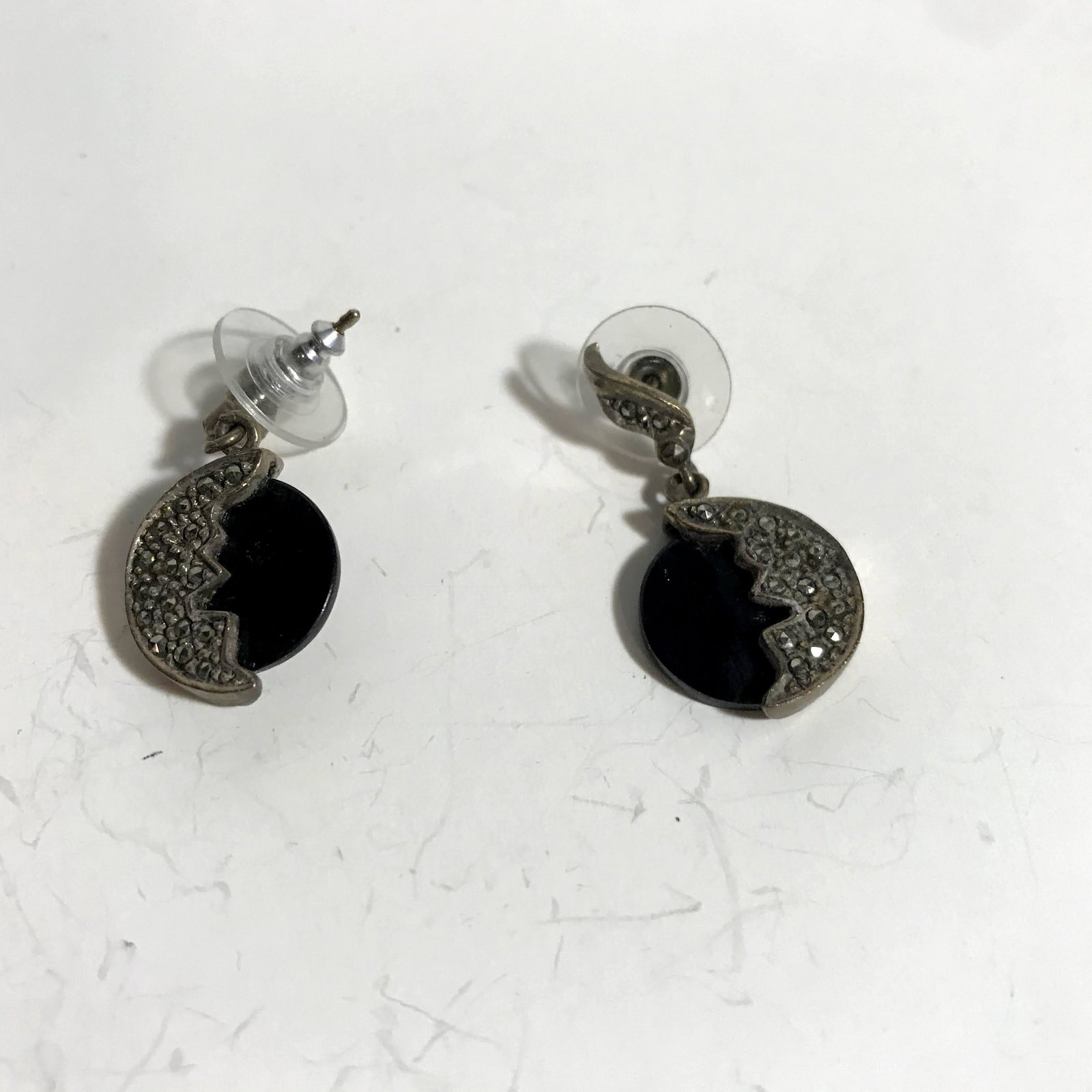 925 Sterling Silver Black Onyx & Marcasite Crescent: 925 Sterling Silver Black Onyx & Marcasite Crescent Moon Drop Earrings Please view all photos as they are part of the description and condition of this Item, Feel free to contact me with questions or 