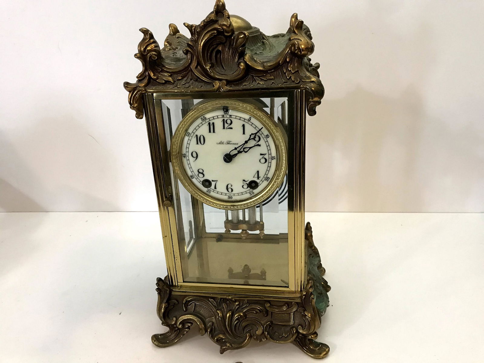 Antique Seth Thomas Mantle Clock Brass: Antique Seth Thomas Mantle Clock Brass Beveled Glass Case 14” Tall Ornate Working with key very heavyPlease view all photos as they are part of the description and condition of this Item, Feel f