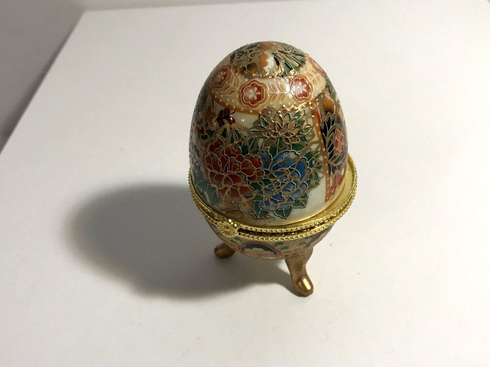 Porcelain Footed Egg Trinket Box Floral Decorated: Porcelain Footed Egg Trinket Box Floral Decorated Hinged Gold Trim and feet Please view all photos as they are part of the description and condition of this Item, Feel free to contact me with question