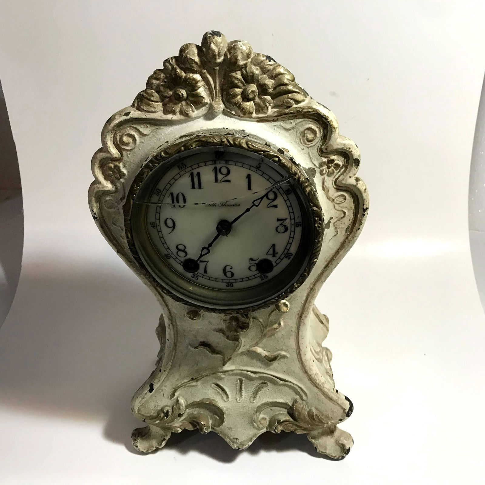 Vintage Working Rare Seth Thomas old Cast Iron Mantle: Vintage Working Rare Seth Thomas old Cast Iron Mantle Clock 12 1/2" broken glass no key Please view all photos as they are part of the description and condition of this Item, Feel free to contact me w