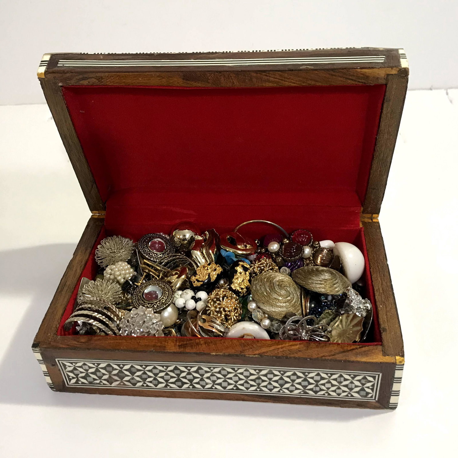 Mother of Pearl Inlaid Vintage Wooden Trinket Hinged: Mother of Pearl Inlaid Vintage Wooden Trinket Hinged Box Filled with Jewelry Red Velour Lining Please view all photos as they are part of the description and condition of this Item, Feel free to conta