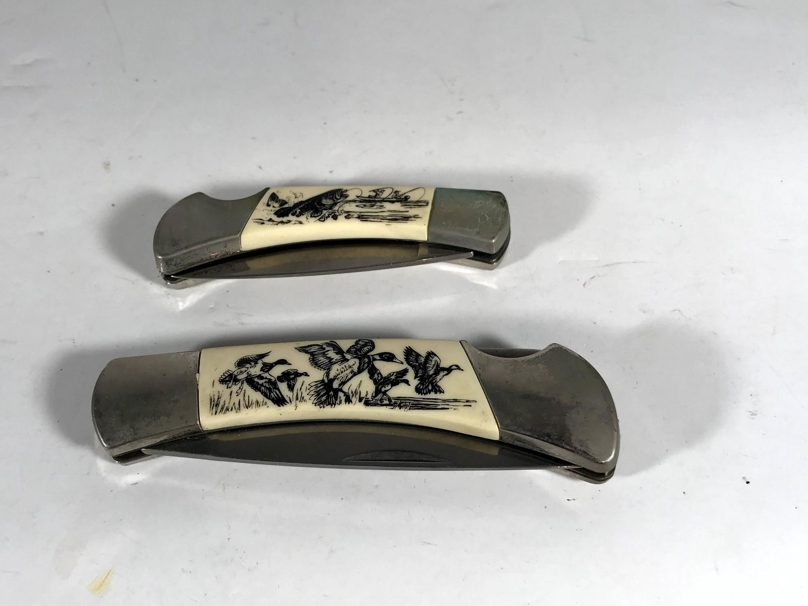 A Pair of Sabre Pocket knifes with wild life images: A Pair of Sabre Pocket knifes with wild life images Please view all photos as they are part of the description and condition of this Item, Feel free to contact me with questions or picture requests! U