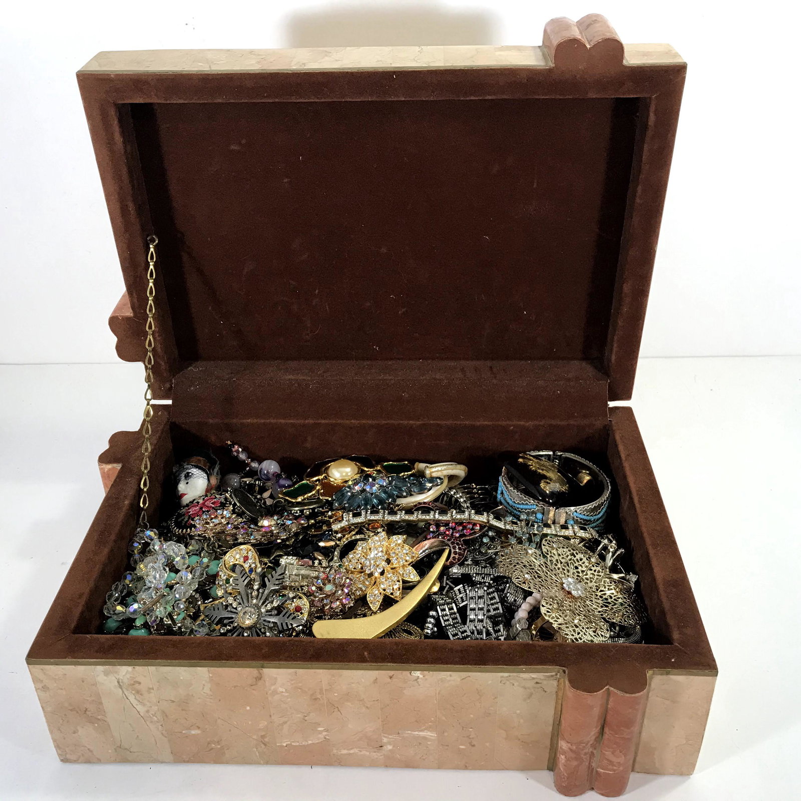 Vintage Marbled Filled Jewelry Box Quality Brooches: Vintage Marbled Filled Jewelry Box Quality Brooches Pins Necklaces & More Bracelets 13 X 9 X 4 1/2" 14 lbs Nice Bargain!!! Please view all photos as they are part of the description and condition of t