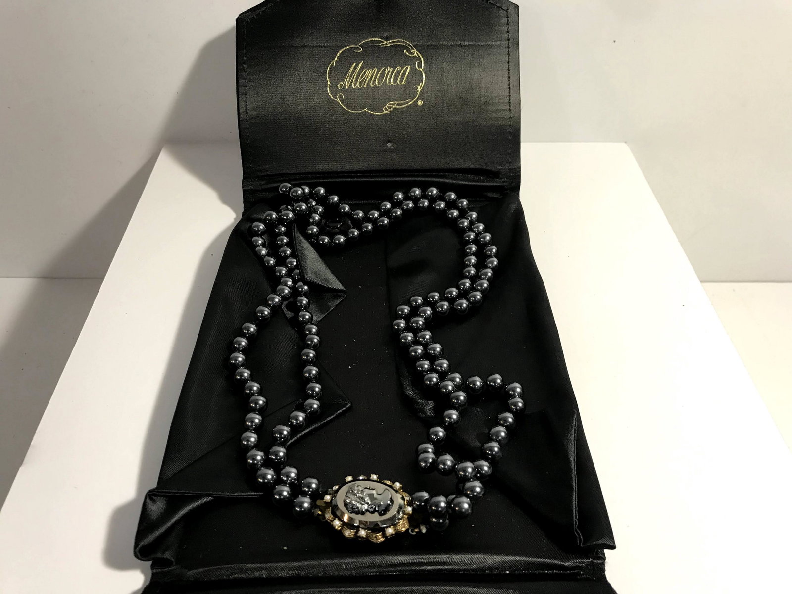 Menorca Vintage Faux Tahitian Gray Double Strand Pearls: Menorca Vintage Faux Tahitian Gray Double Strand Pearls Cameo Hematite Clasp 24" Please view all photos as they are part of the description and condition of this Item, Feel free to contact me with que