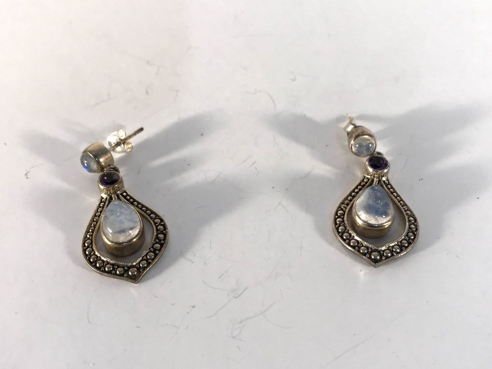 Nicky Butler Earrings 925 Sterling Moonstone Amethyst: Nicky Butler Earrings 925 Sterling Moonstone Amethyst NB India Please view all photos as they are part of the description and condition of this Item, Feel free to contact me with questions or picture