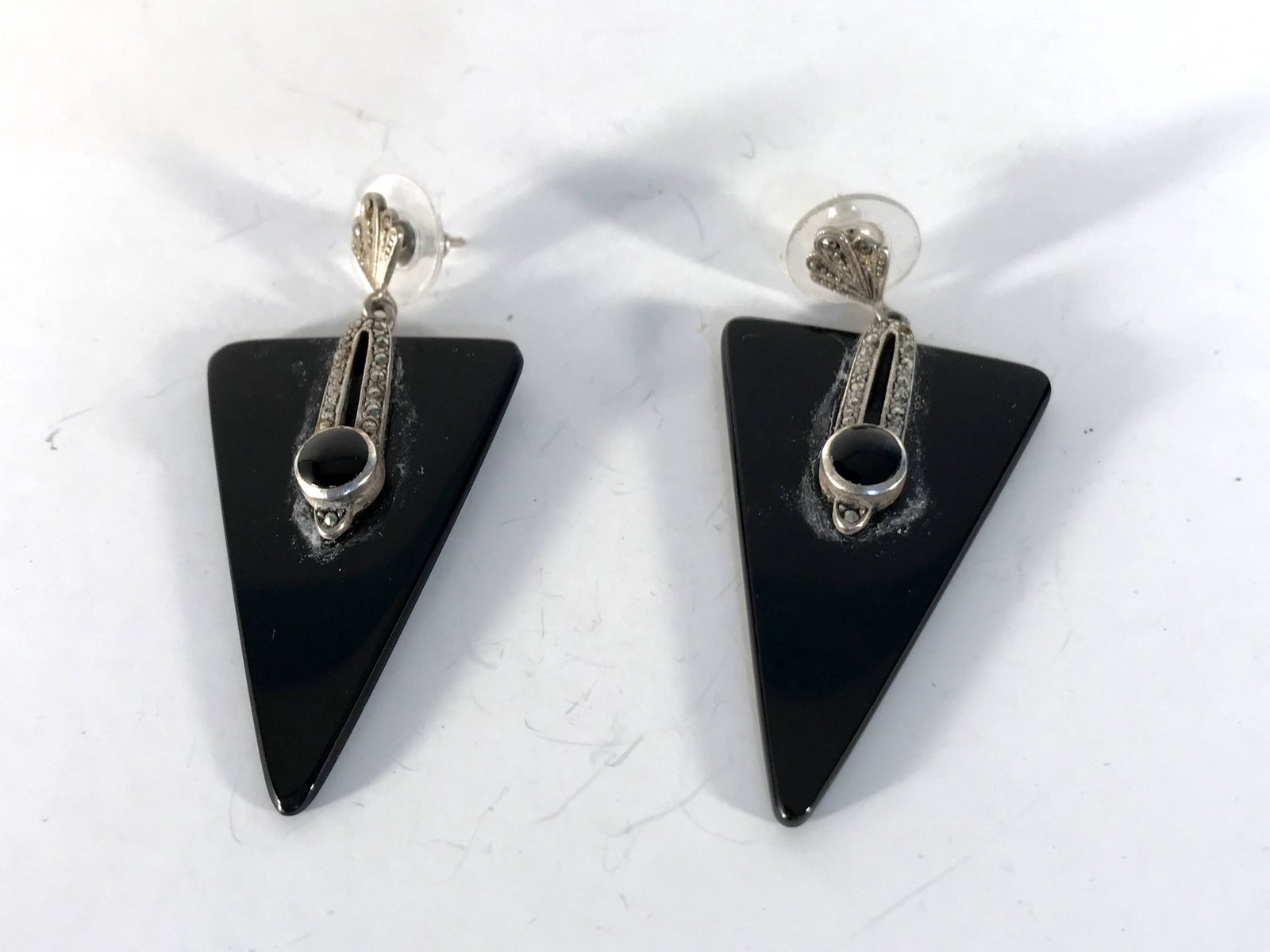Vintage sterling silver triangle black onyx dangle: Vintage sterling silver triangle black onyx dangle earrings Art Deco marcasite Please view all photos as they are part of the description and condition of this Item, Feel free to contact me with quest
