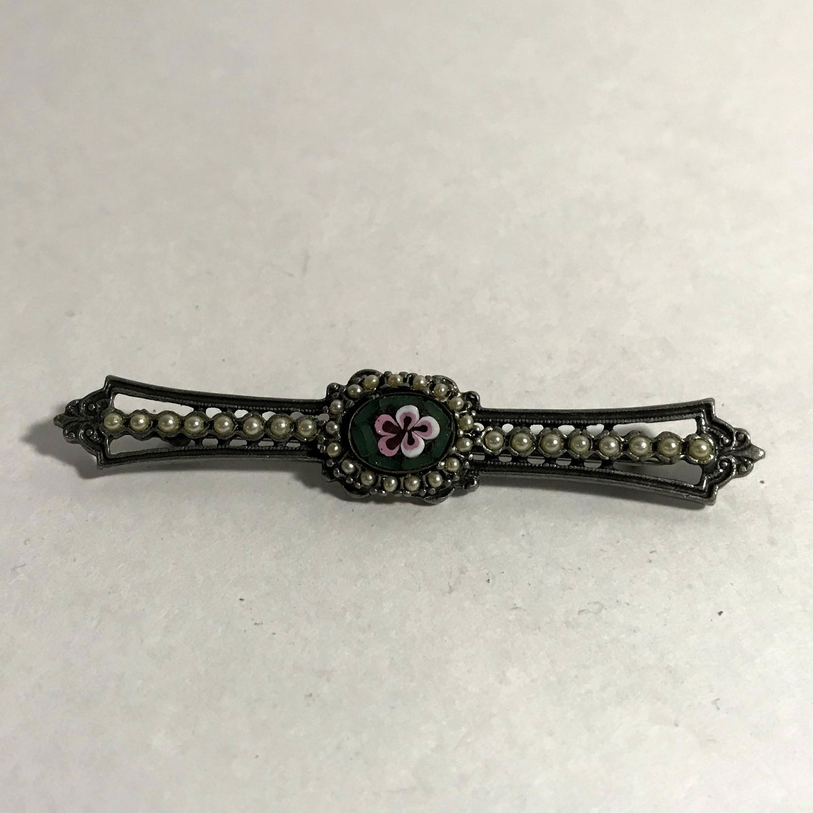 Vintage Ben-Amun Silver pearl italian mosaic Bar Pin (1 of 4)