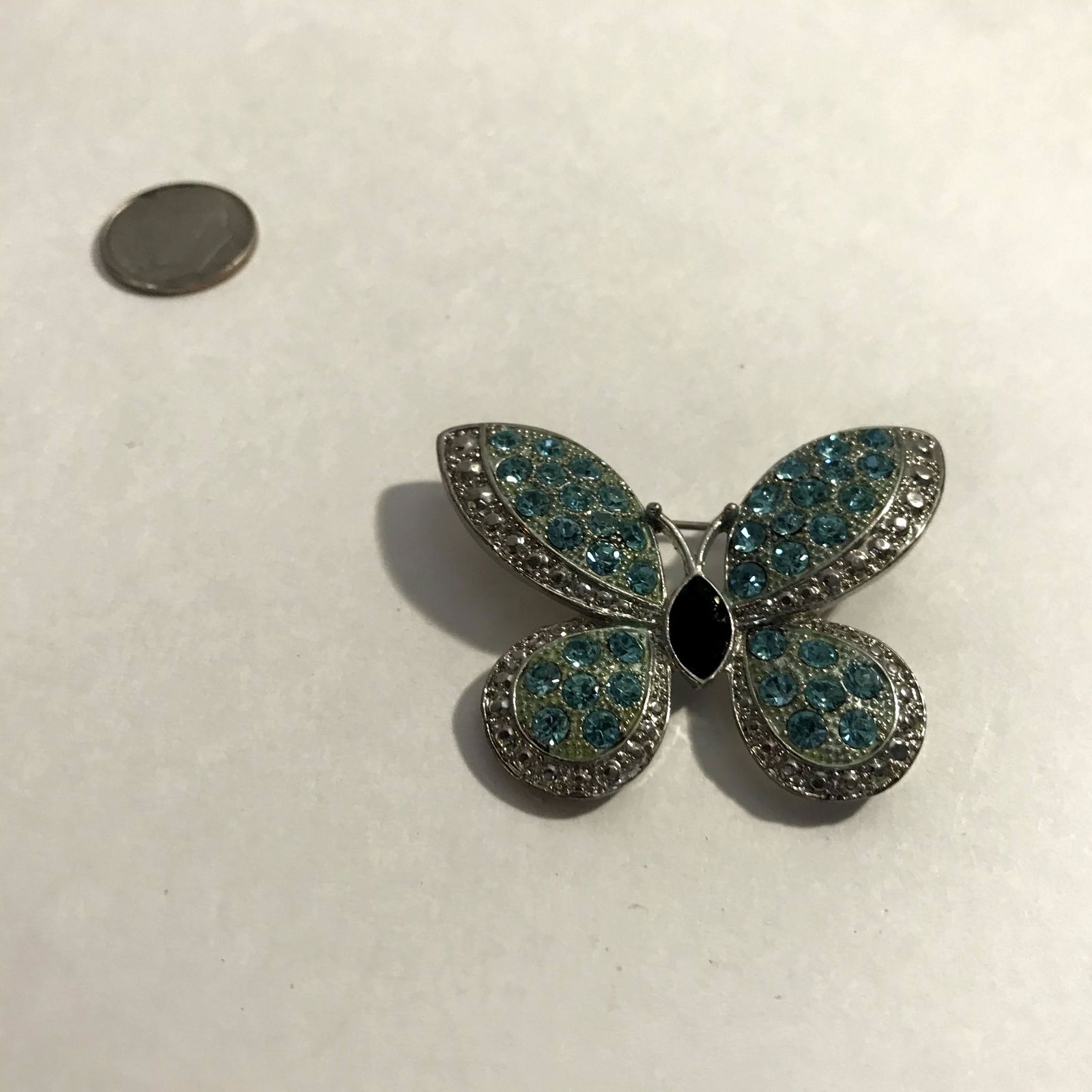 Beautiful Silvertone Aqua Rhinestone Butterfly Brooch (1 of 3)