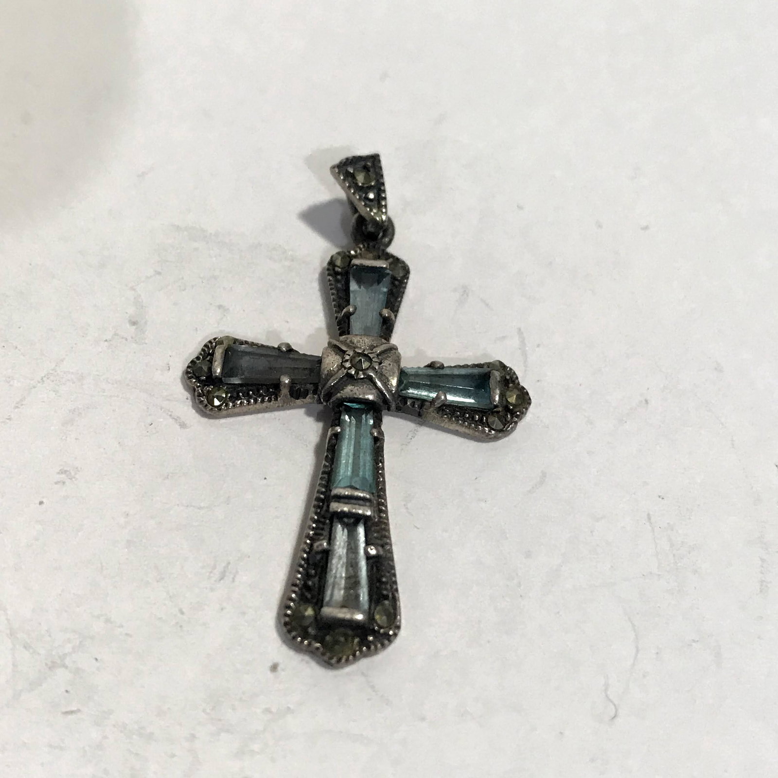 Vintage Sterling Silver Rhinestone Marcasite Cross 1: Vintage Sterling Silver Rhinestone Marcasite Cross 1 1/2" Please view all photos as they are part of the description and condition of this Item, Feel free to contact me with questions or picture reque