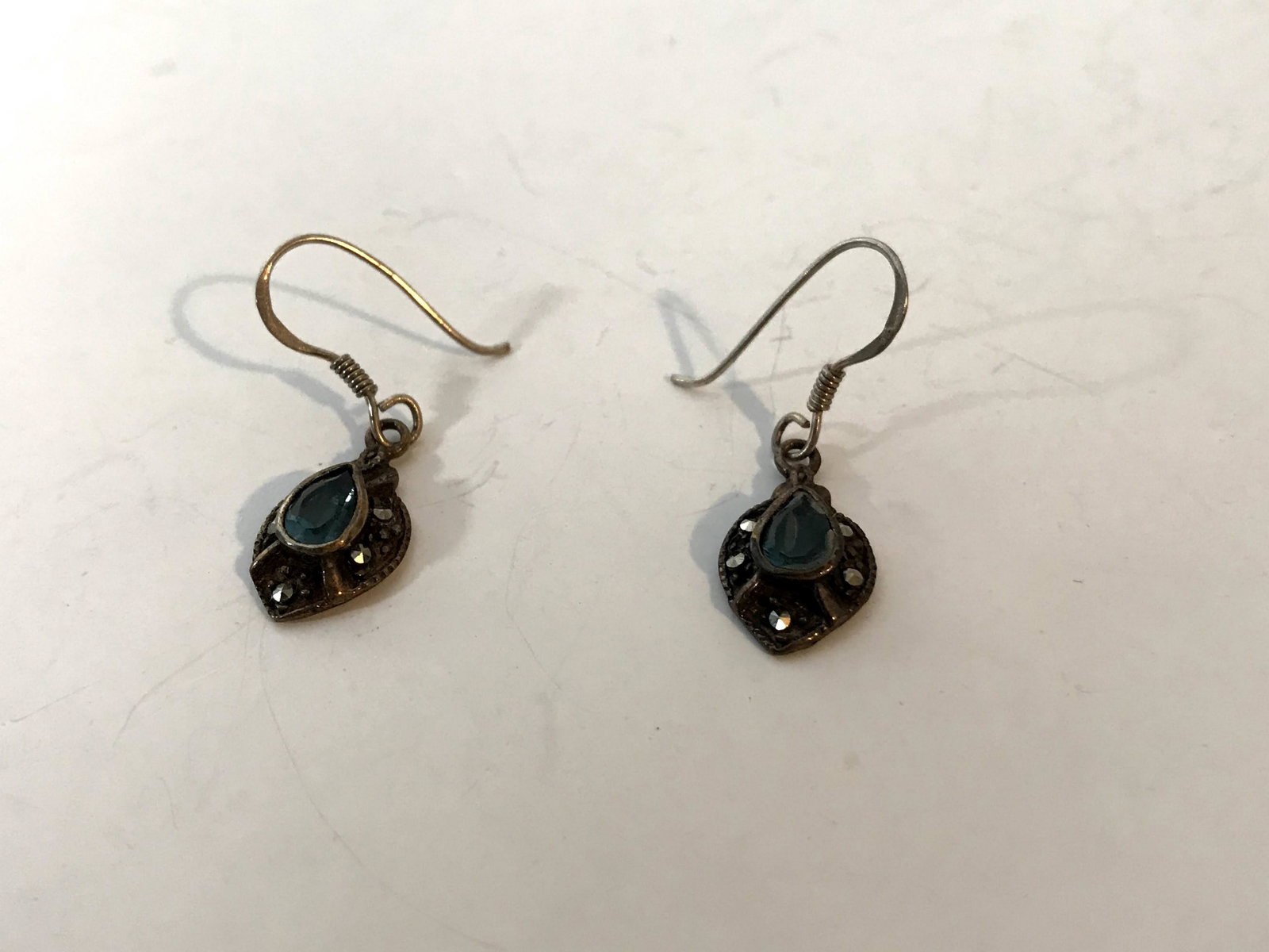 Vintage Sterling Silver & Blue Topaz Marcasite Earrings: Vintage Sterling Silver & Blue Topaz Marcasite Earrings Please view all photos as they are part of the description and condition of this Item, Feel free to contact me with questions or picture request