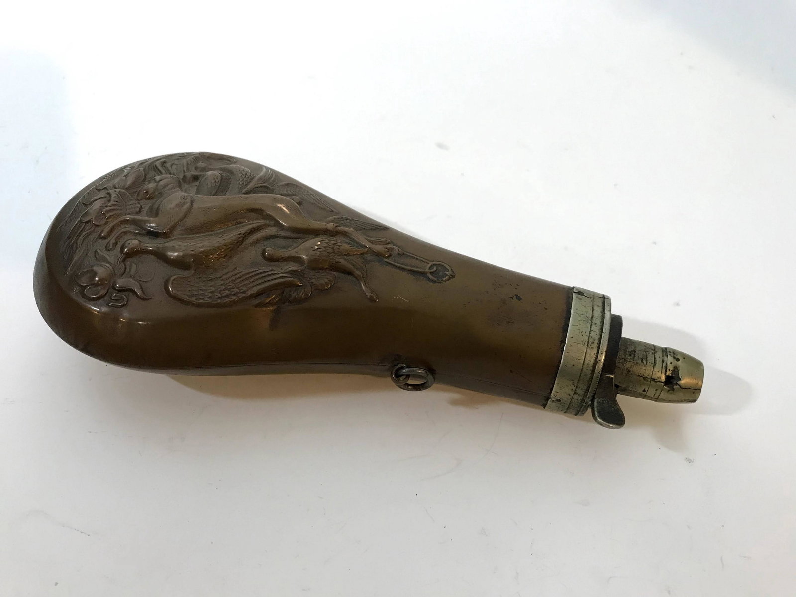 Beautiful "Dead Game" POWDER FLASK: Beautiful "Dead Game" POWDER FLASK Please view all photos as they are part of the description and condition of this Item, Feel free to contact me with questions or picture requests!. Used Item AS IS