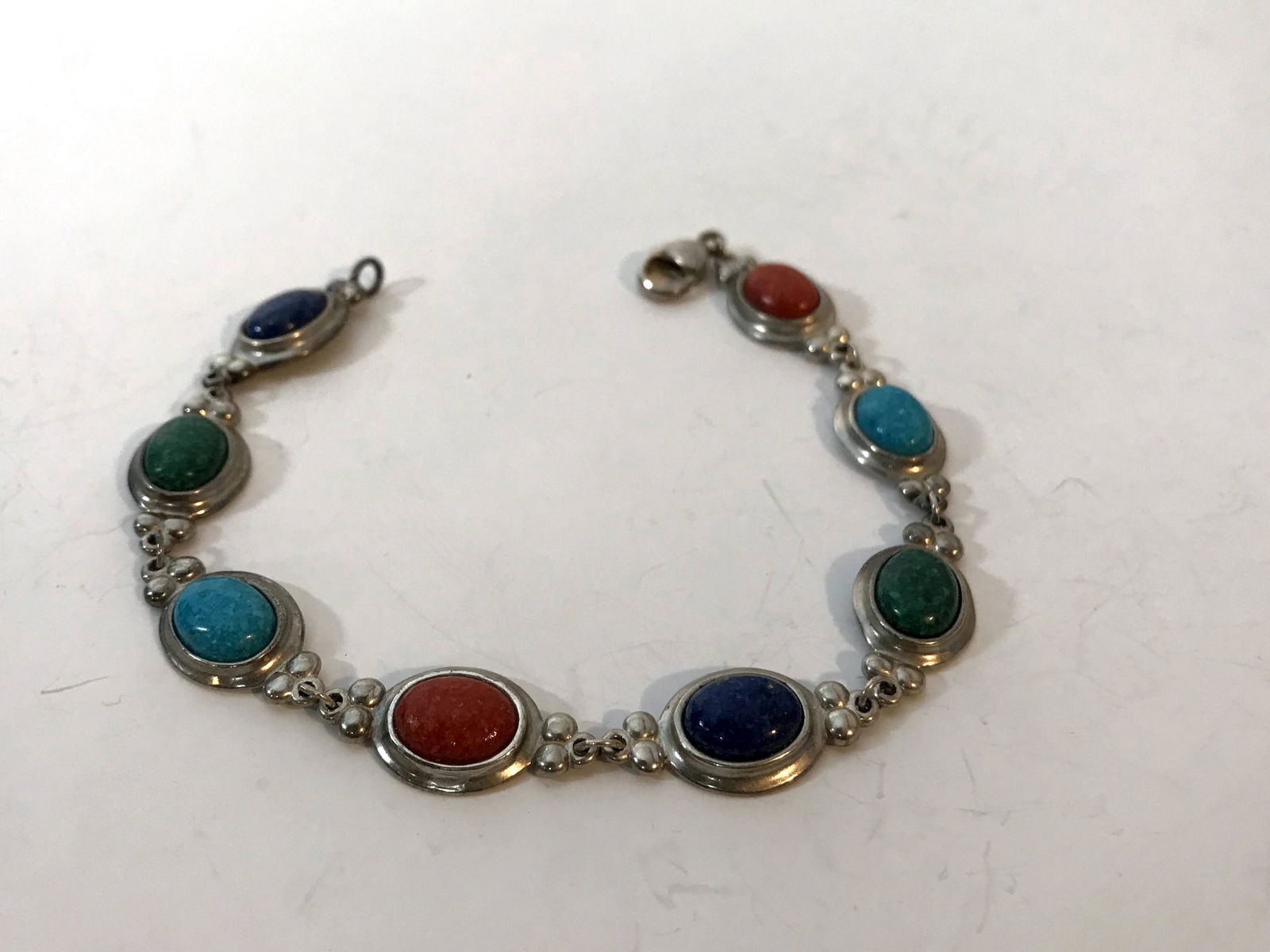 Vintage sterling silver link bracelet with 8 colorful (1 of 4)
