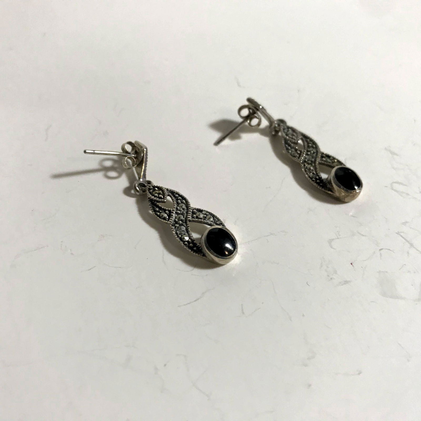 Vintage Sterling Silver Onyx Marcasite Dangle Earrings (1 of 4)