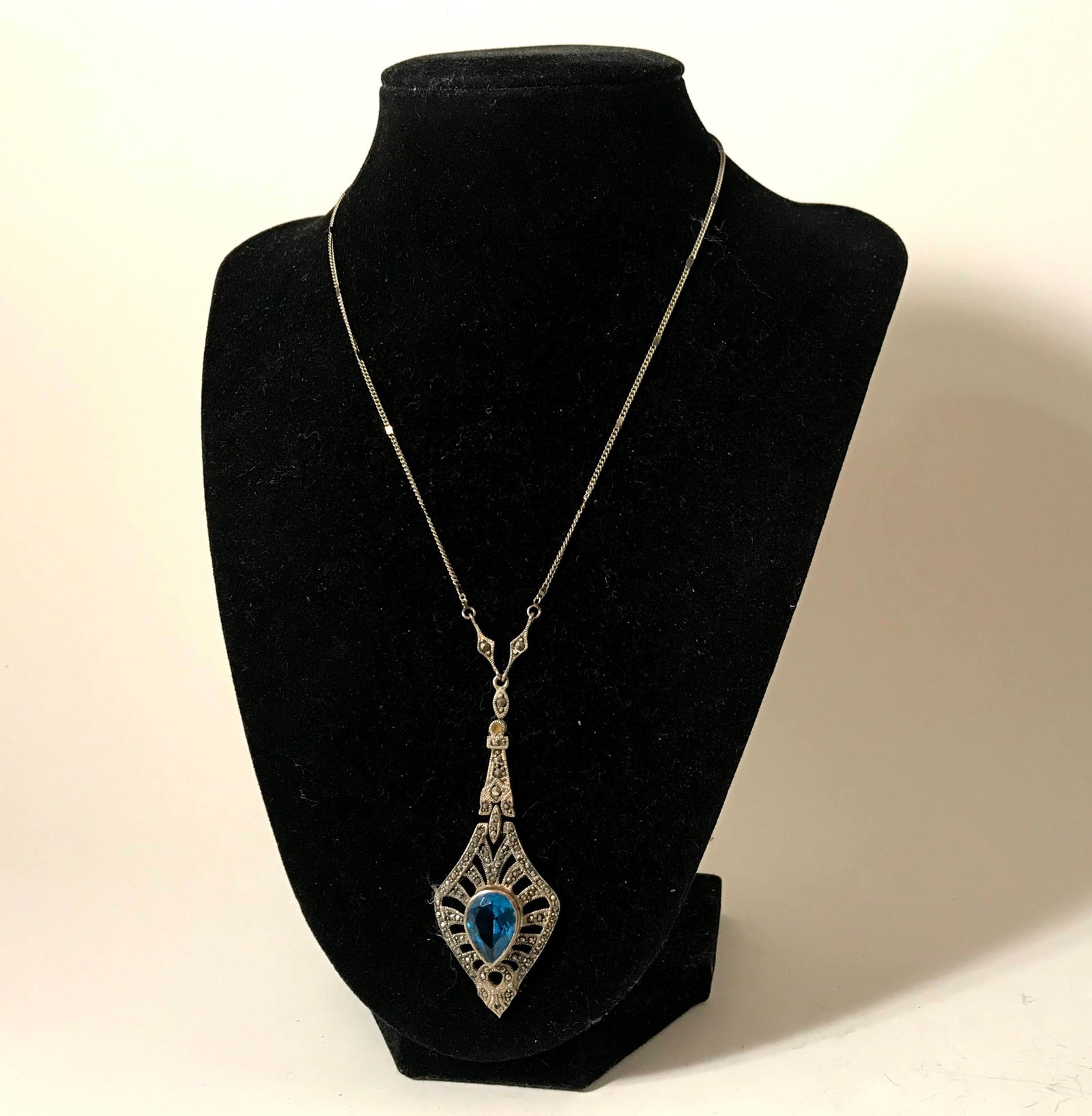 Large Antique Art Deco Aqua 925 Silver Marcasite: Large Antique Art Deco Aqua 925 Silver Marcasite Pendant Necklace Vintage 16" Please view all photos as they are part of the description and condition of this Item, Feel free to contact me with questi