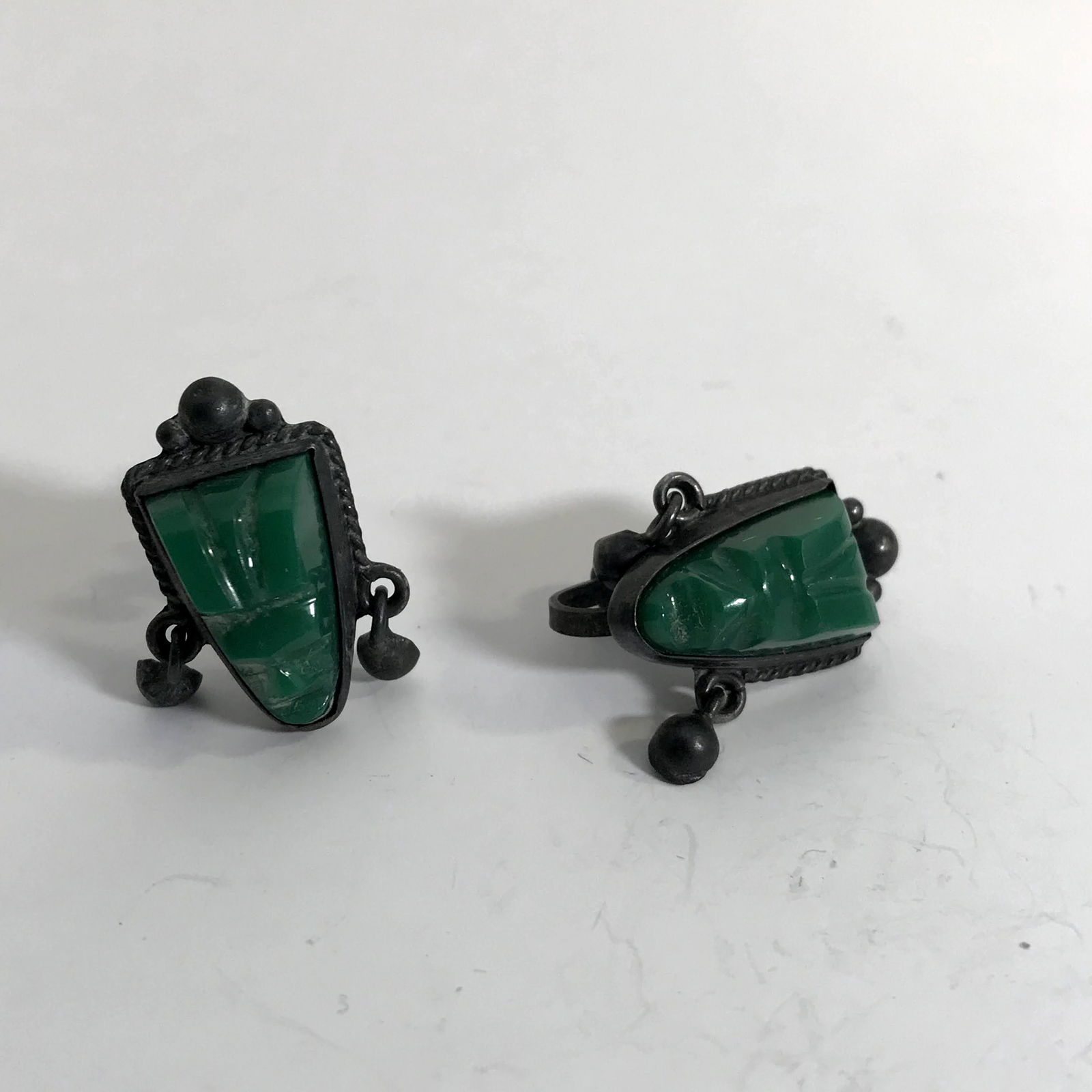 Mexico Mayan Aztec Face Carved in Green Jade & Sterling (1 of 5)