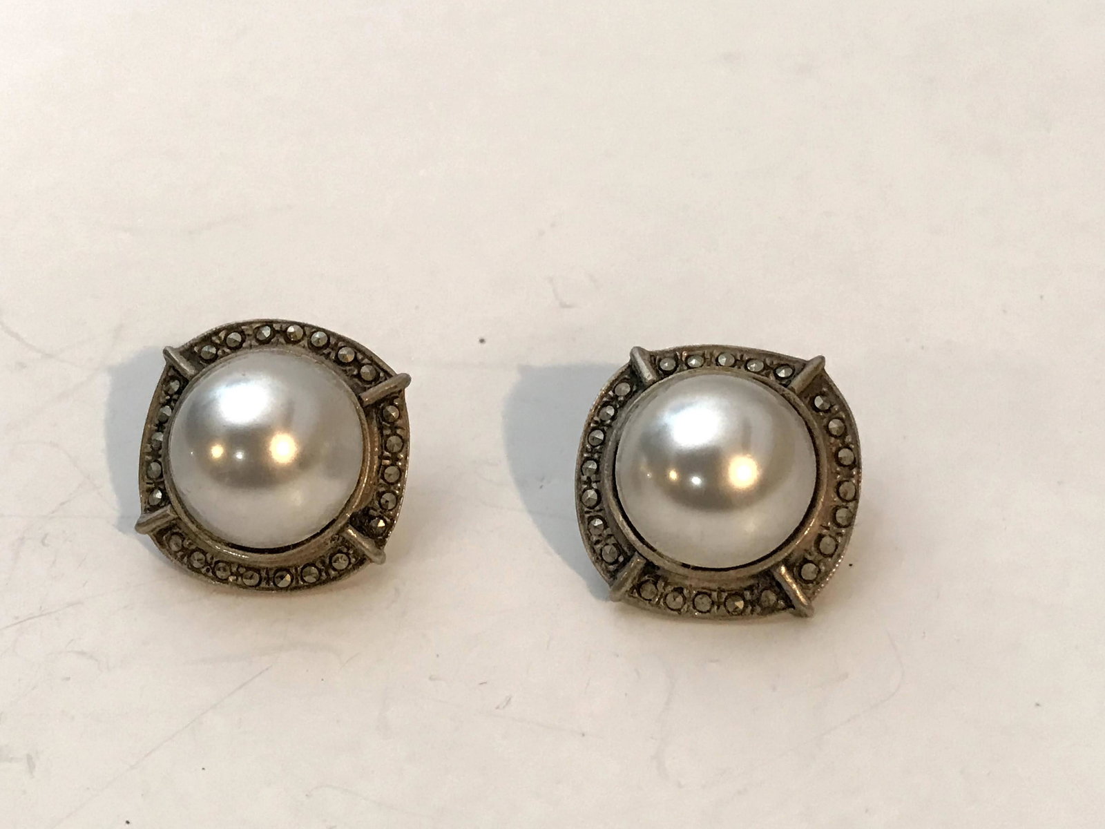 Authentic Rare Vintage Sterling Silver Marcasite Faux: Authentic Rare Vintage Sterling Silver Marcasite Faux Pearl Earrings Post Back 7/8" Please view all photos as they are part of the description and condition of this Item, Feel free to contact me with 