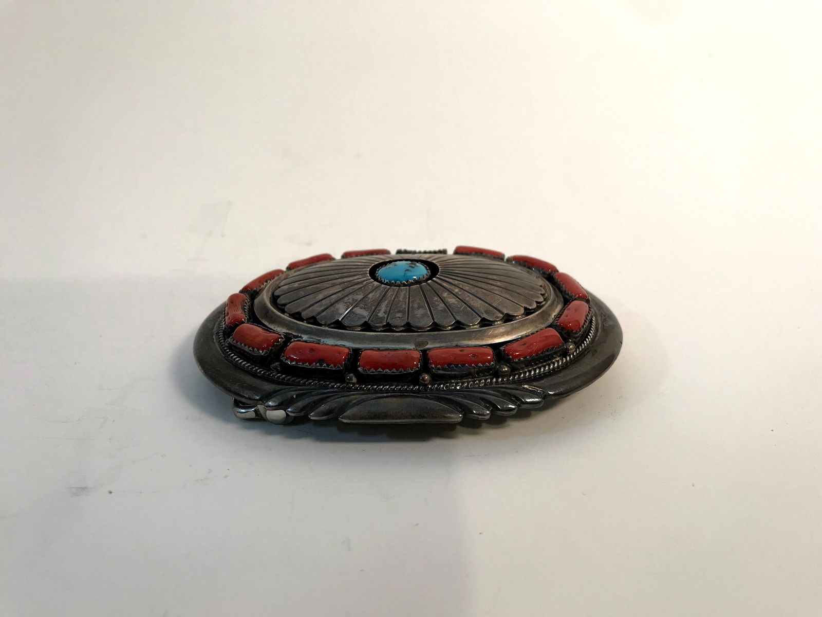 Native American large Belt Buckle Coral & turquoise (1 of 5)