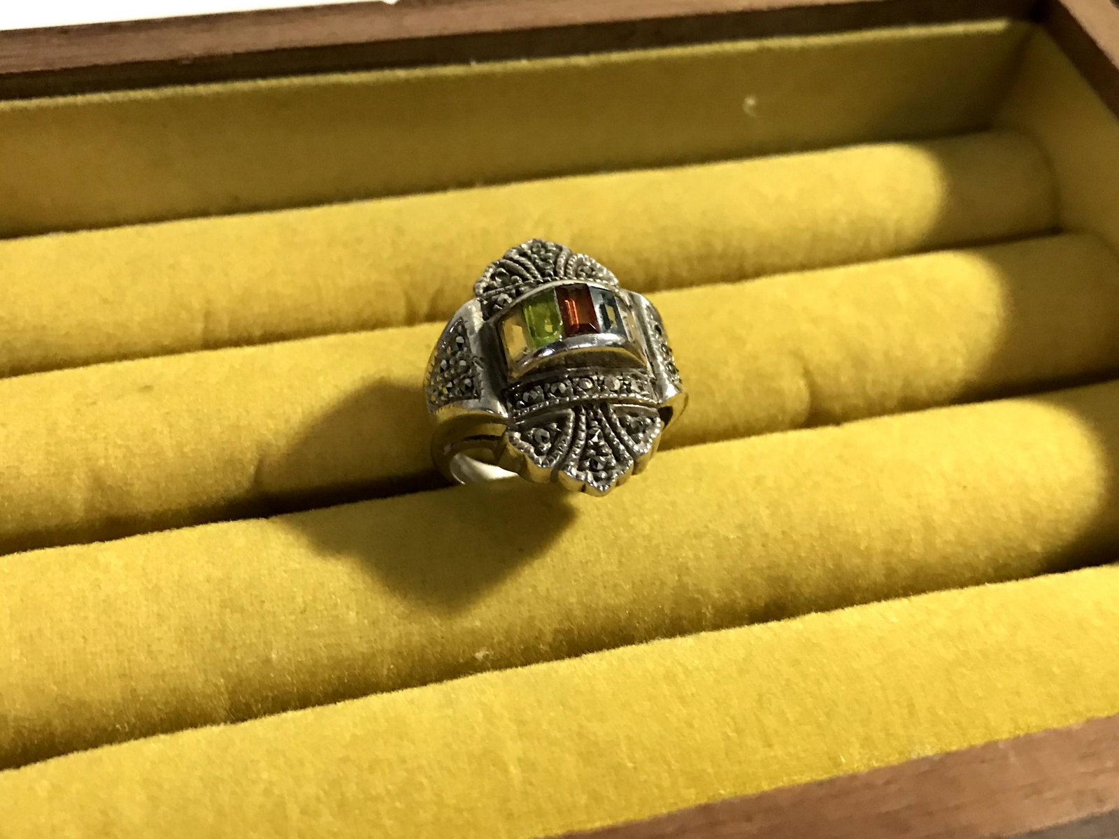 Sterling 925 FAS Signed with Colorful Marquise: Sterling 925 FAS Signed with Colorful Marquise Rhinestones & Marcasite Ring 5.75 Please view all photos as they are part of the description and condition of this Item, Feel free to contact me with que