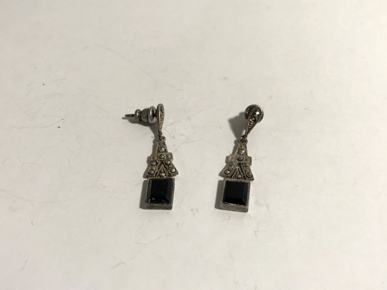 Sterling Silver Onyx & Marcasite Dangle Post Earrings (1 of 5)