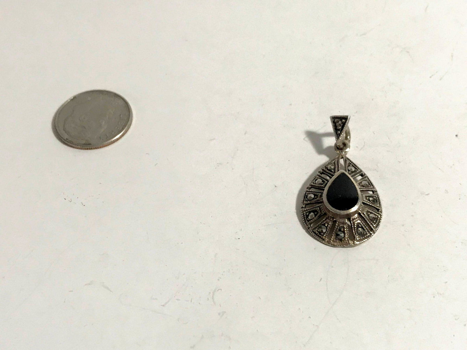 Sterling Silver Marcasite Onyx Pendant Necklace Tear: Sterling Silver Marcasite Onyx Pendant Necklace Tear drop Please view all photos as they are part of the description and condition of this Item, Feel free to contact me with questions or picture reque