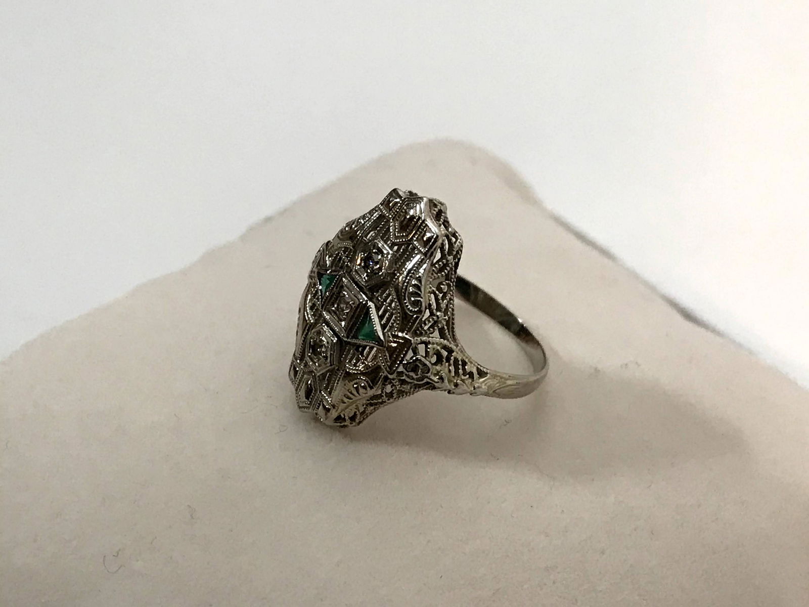 Antique Art Deco 14k White Gold Diamond Greenstone Ring (1 of 5)