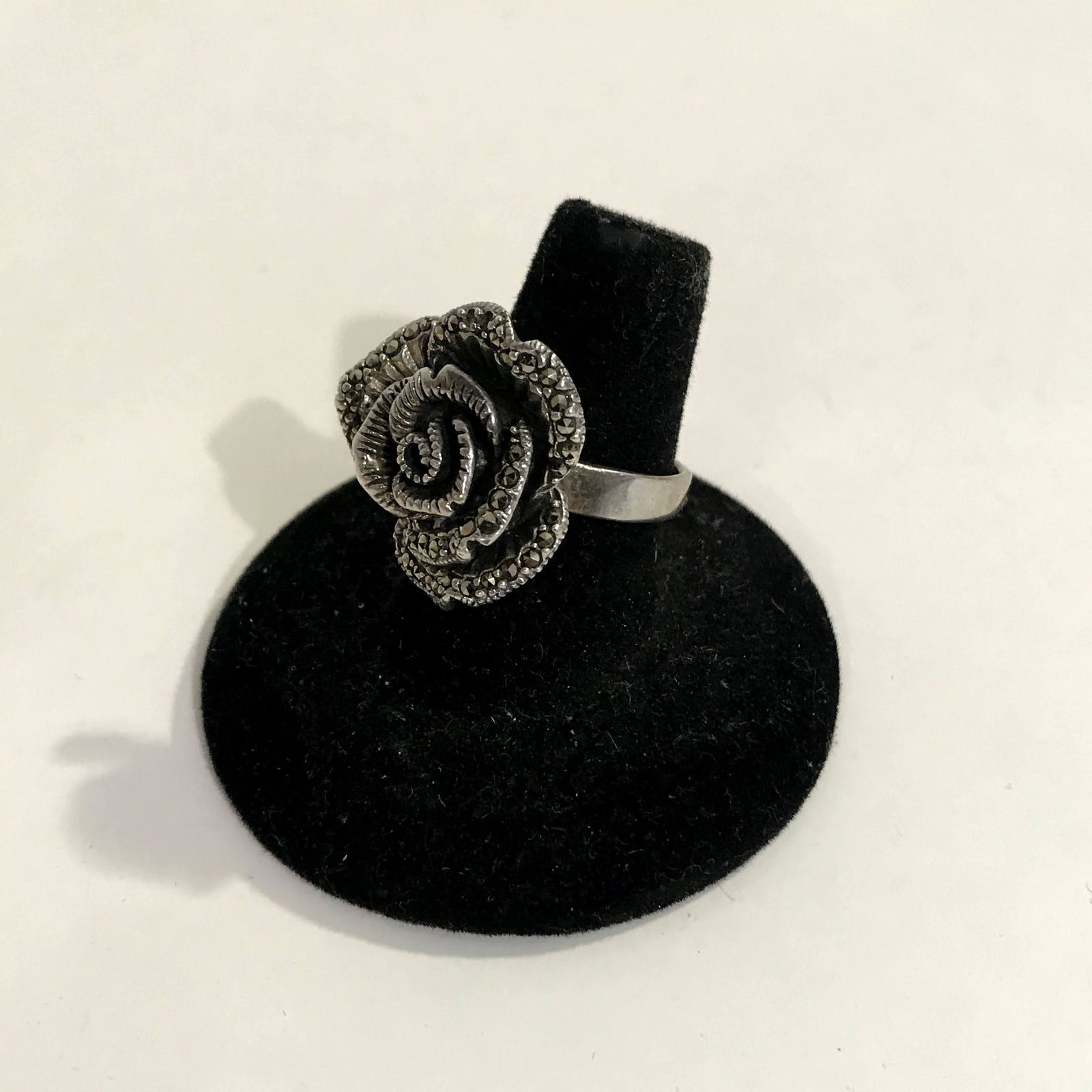 Solid Sterling Silver Marcasite Big Rose Flower Ring (1 of 5)