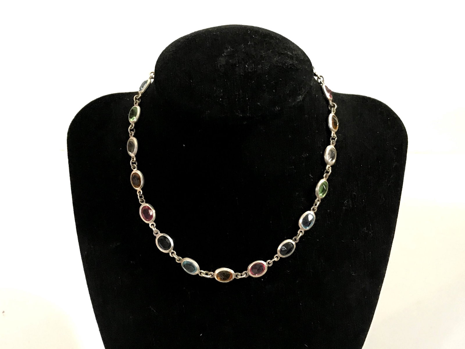 Vintage 925 Sterling Silver Multi Color Multi Stone: Vintage 925 Sterling Silver Multi Color Multi Stone Necklace Choker 12" Please view all photos as they are part of the description and condition of this Item, Feel free to contact me with questions or