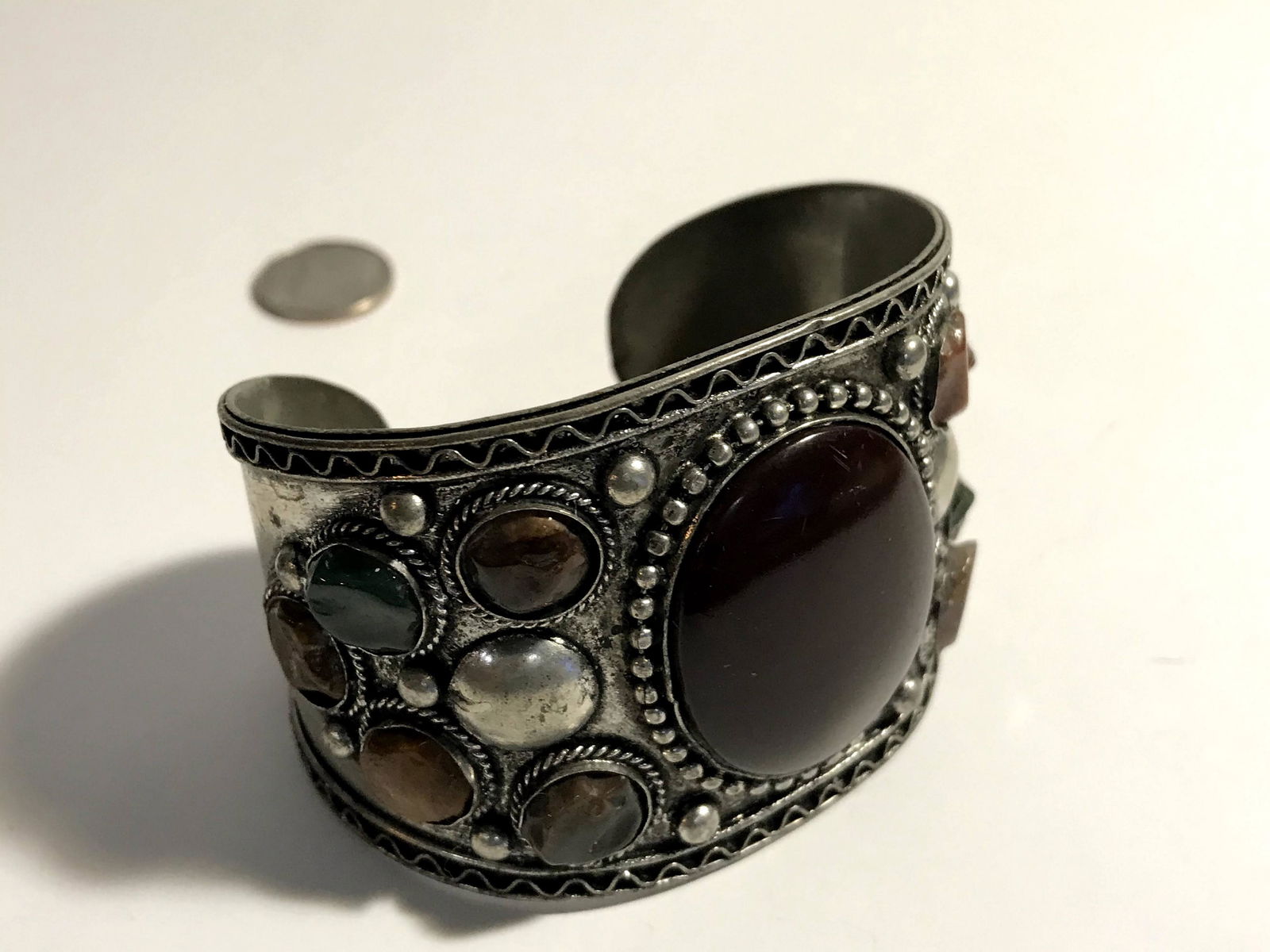 Vintage Large silver cuff bracelet with Gem stones (1 of 6)