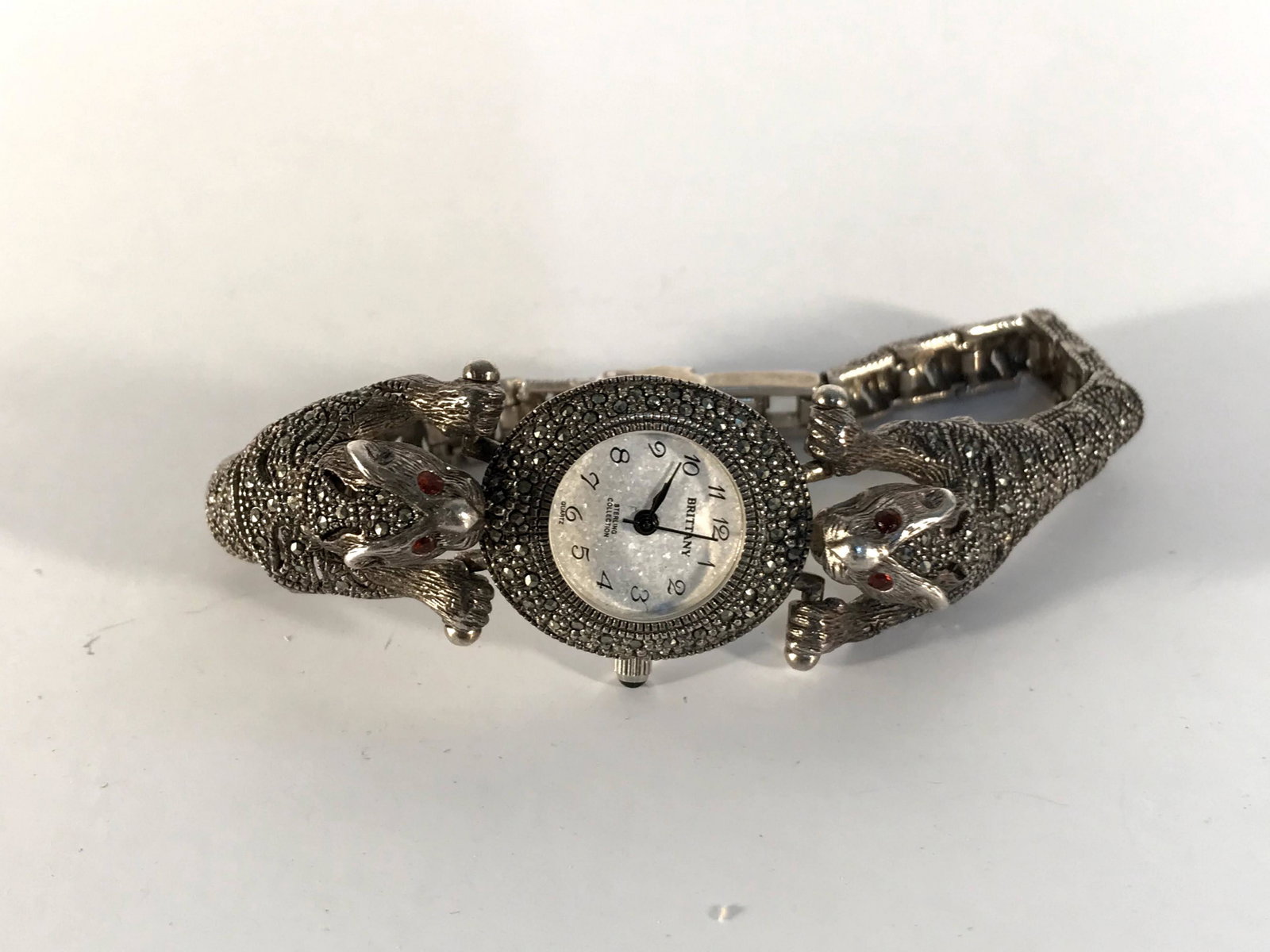 Sterling Silver Marcasite Jaguar Big Cat Ruby Eyes: Sterling Silver Marcasite Jaguar Big Cat Ruby Eyes Ladies Watch Working Please view all photos as they are part of the description and condition of this Item, Feel free to contact me with questions or