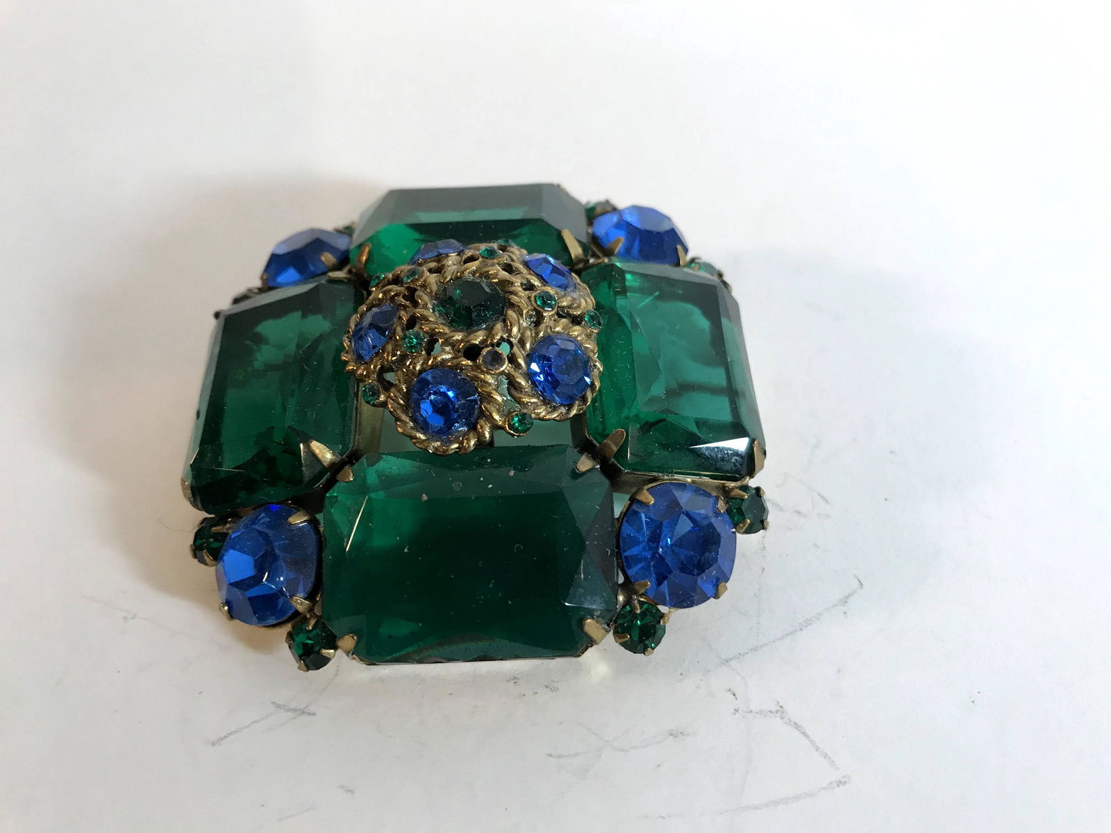 Vintage Large Green/Blue Rhinestone 2 1/4" Brooch (1 of 5)