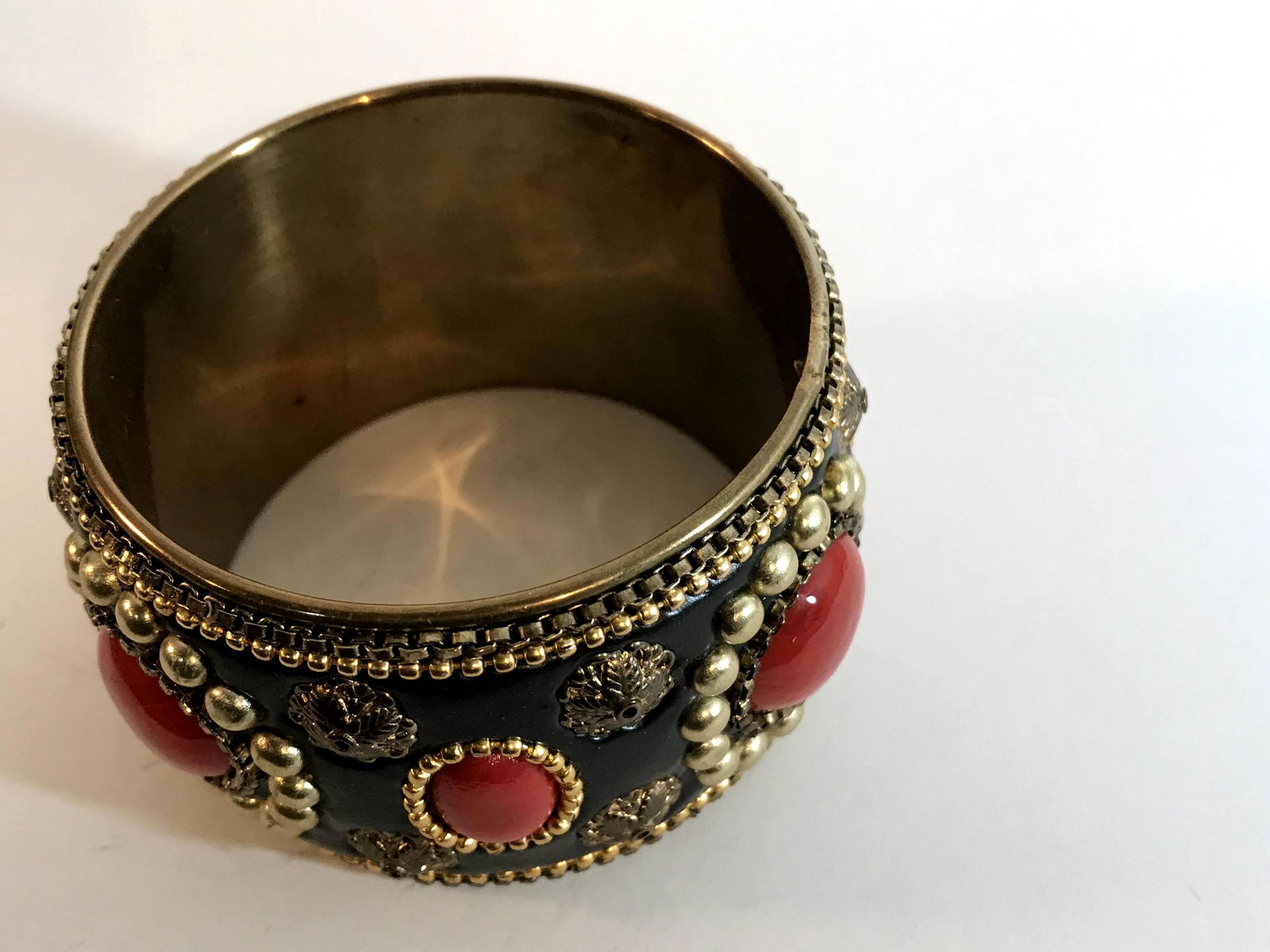 Brass Wide Cuff Bracelet with leather red Bead Vtg 2 (1 of 4)