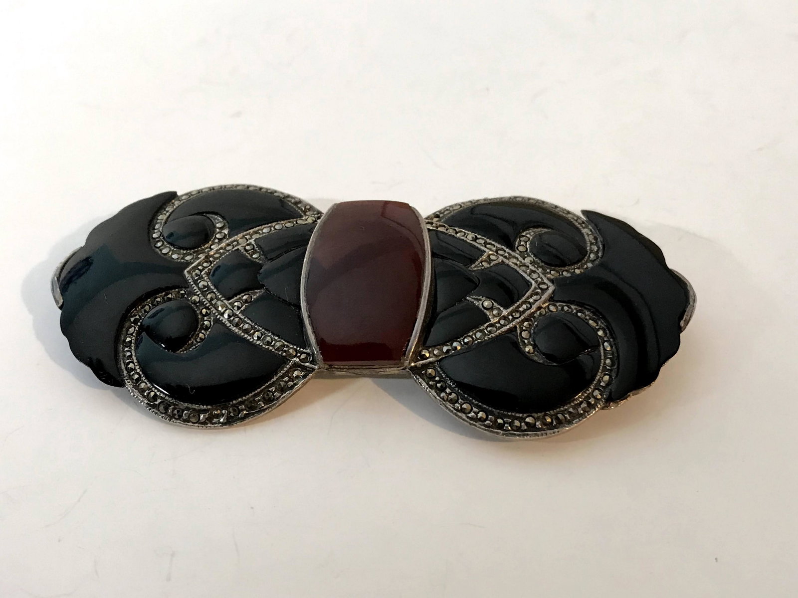 Sterling Silver Vintage Large Black Onyx, Marcasite &: Sterling Silver Vintage Large Black Onyx, Marcasite & Carnelian Brooch Pin 3 1/2" Please view all photos as they are part of the description and condition of this Item, Feel free to contact me with qu
