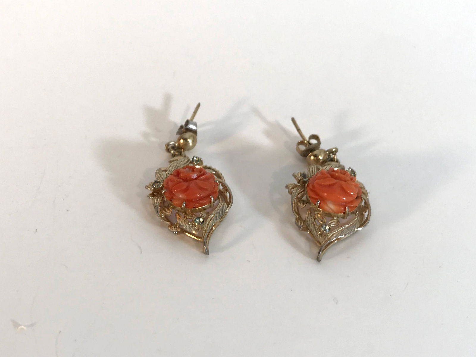 Vintage Rose Flower Carved Coral Dangle post EARRINGS (1 of 4)