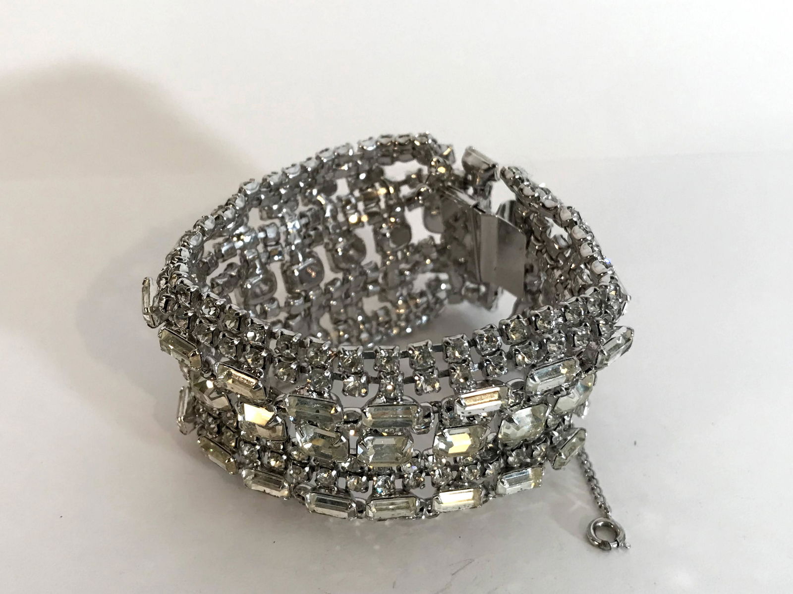 Vintage Wide Silver Tone rhinestone Bracelet (1 of 4)