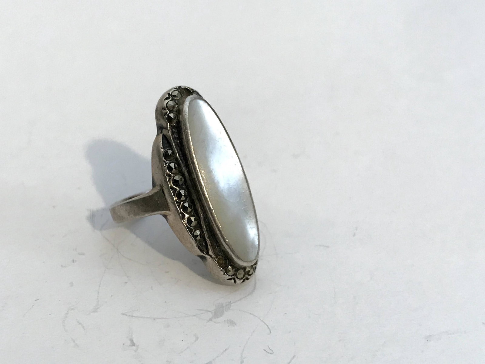 sterling marcasite and mop filigree ring 6: sterling marcasite and mop filigree ring 7 Please view all photos as they are part of the description and condition of this Item, Feel free to contact me with questions or picture requests! Used Item 