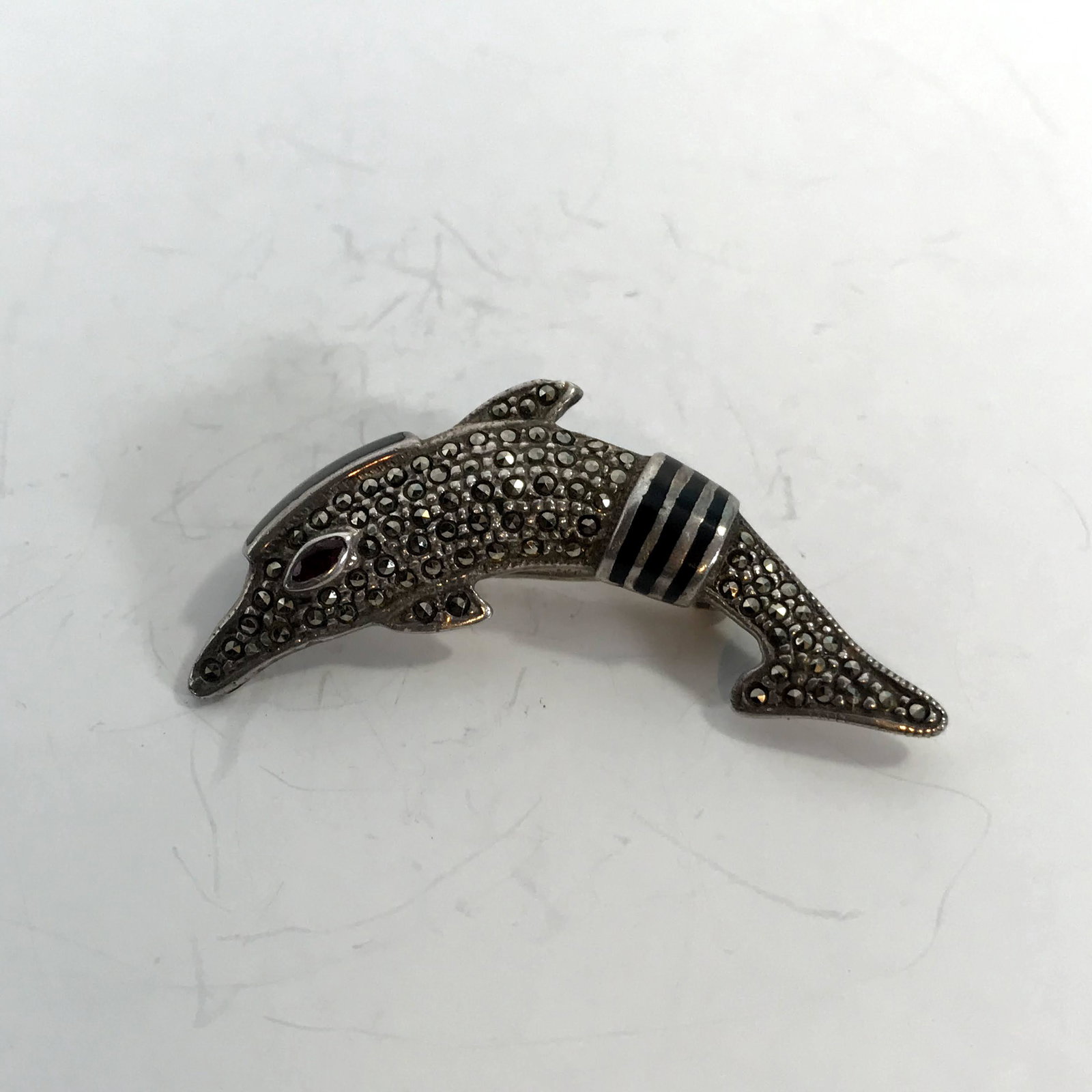 Vintage Sterling Marcasite Onyx Topaz Dolphin Brooch: Vintage Sterling Marcasite Onyx Topaz Dolphin Brooch Pin 1 3/4" Please view all photos as they are part of the description and condition of this Item, Feel free to contact me with questions or picture