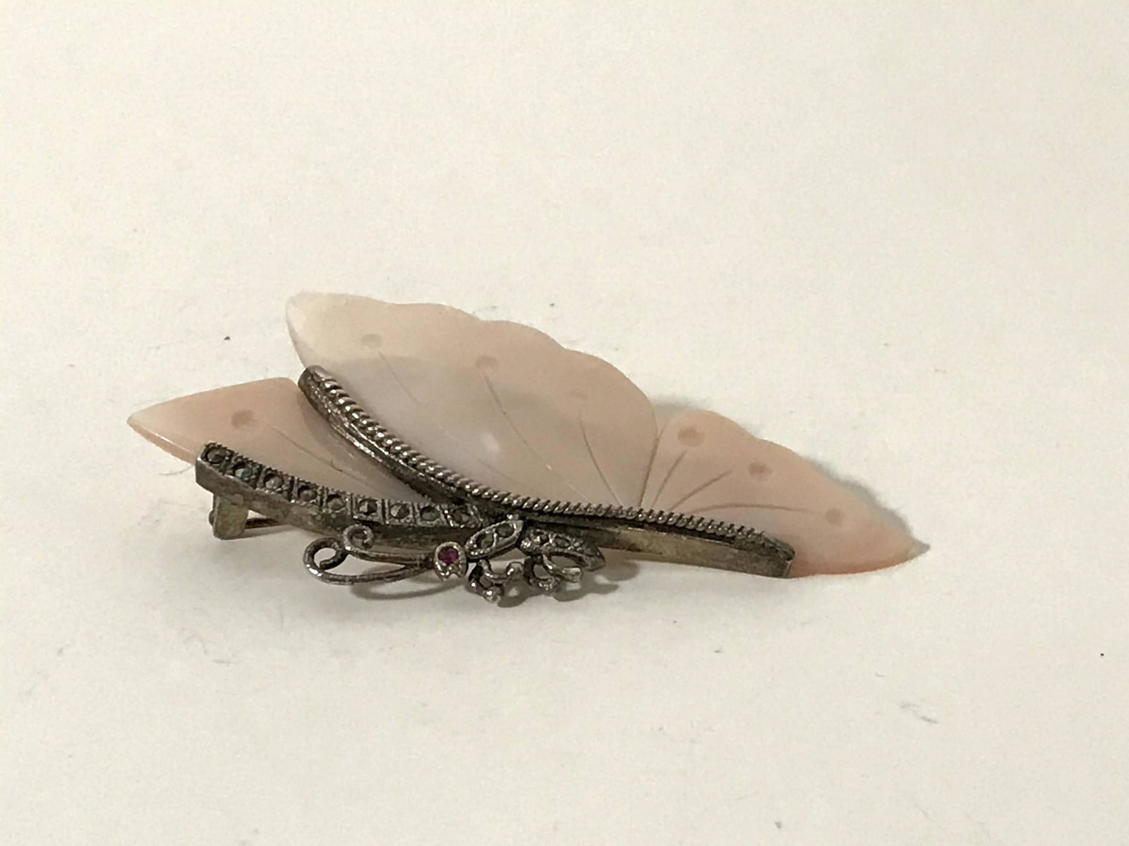 Superb large vintage marcasite sterling silver carved: Superb large vintage sterling silver carved mother of pearl butterfly brooch pin 2 3/4" Please view all photos as they are part of the description and condition of this Item, Feel free to contact me w