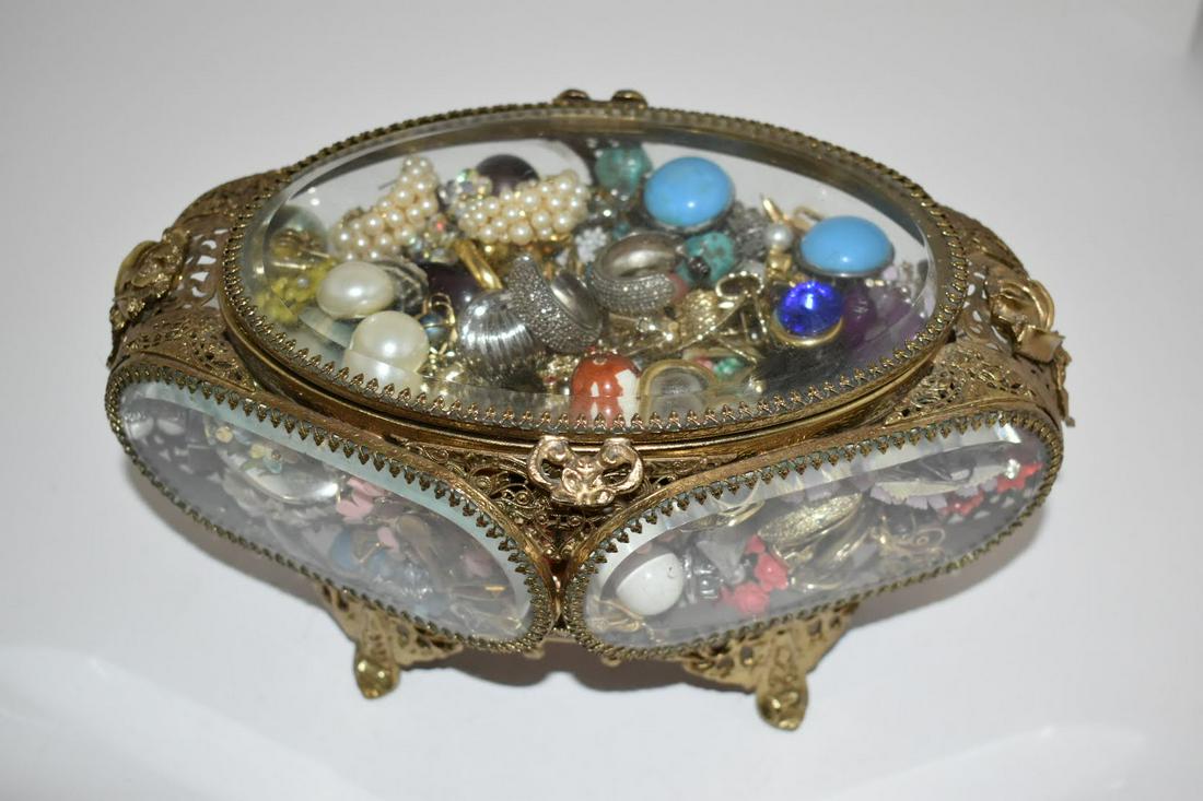 Vintage  Victorian Style Gold Filigree Jewelry Box Filled with Earrings Over 100 to 150 11" x 6" x (1 of 7)