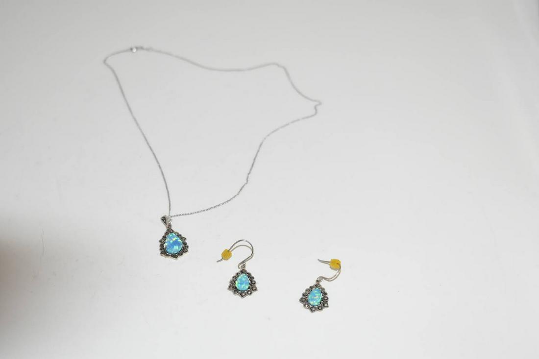 Vintage Sterling Silver Blue Opal Necklace & Earrings (1 of 4)