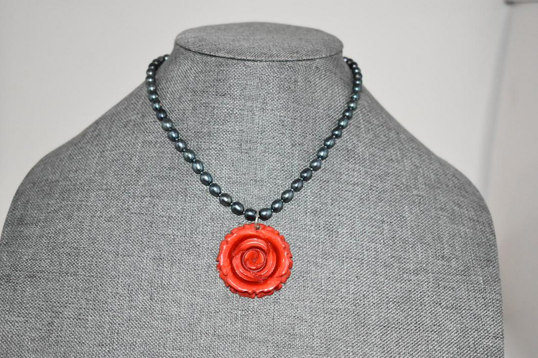 Vintage Sterling Silver Beaded Red Flower Necklace 14" (1 of 3)