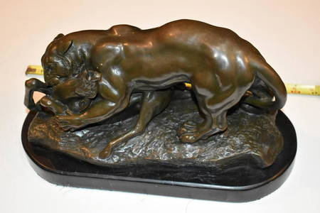 Signed BARYE Lion Hunting and Eating Deer Bronze Statue 15 x 8 inches Nice!!!