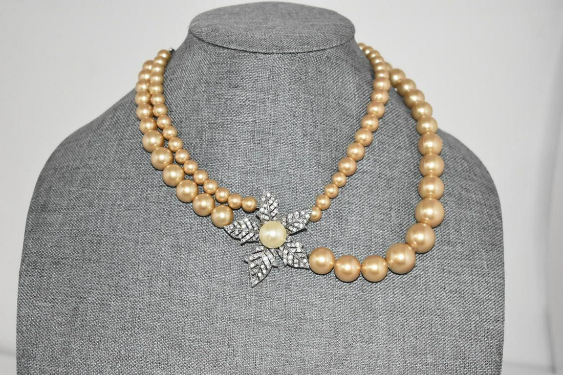 Vintage Brown Pearl Flower Rhinestone Necklace 11" (1 of 3)