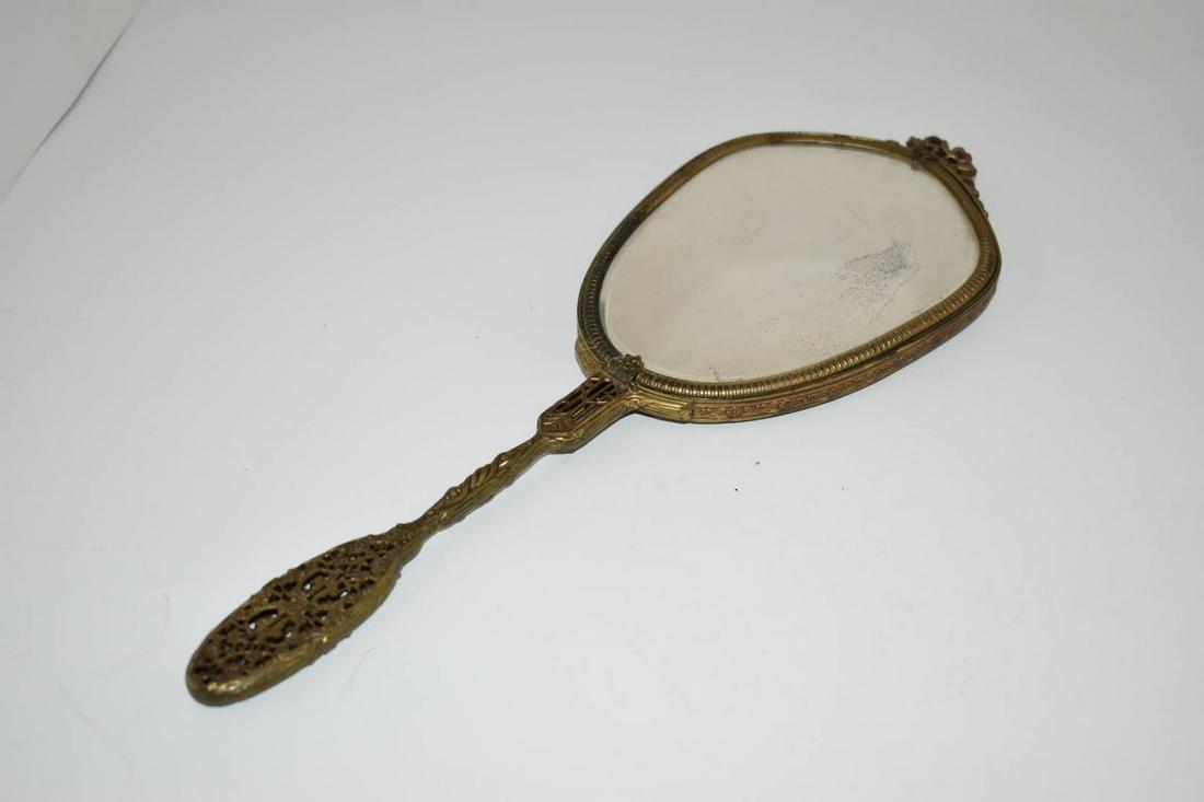 Antique Vintage Hand Held Beveled Edge Vanity Mirror Victorian Style Heavy Brass 13" (1 of 4)