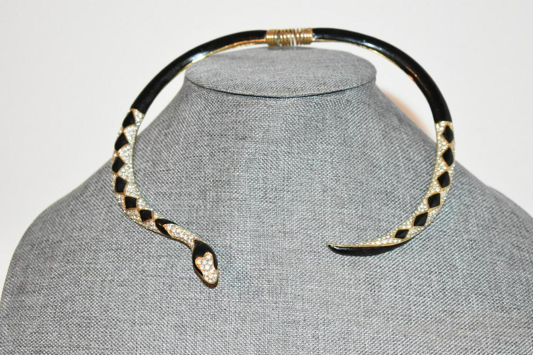 Vintage Black Enamel Rhinestone Snake Necklace Choker 11 in (1 of 4)