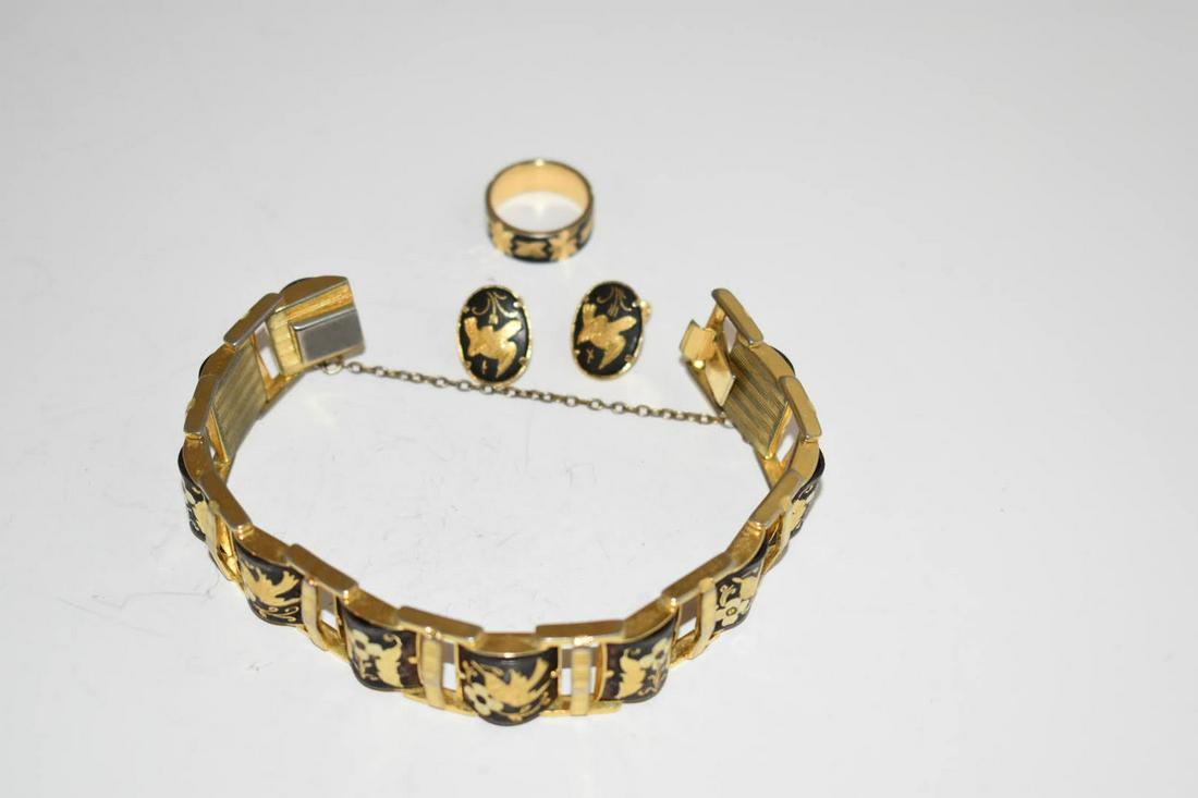 Vintage Damascene Bracelet Earrings & Ring 2 1/2"  sz 6 (1 of 3)