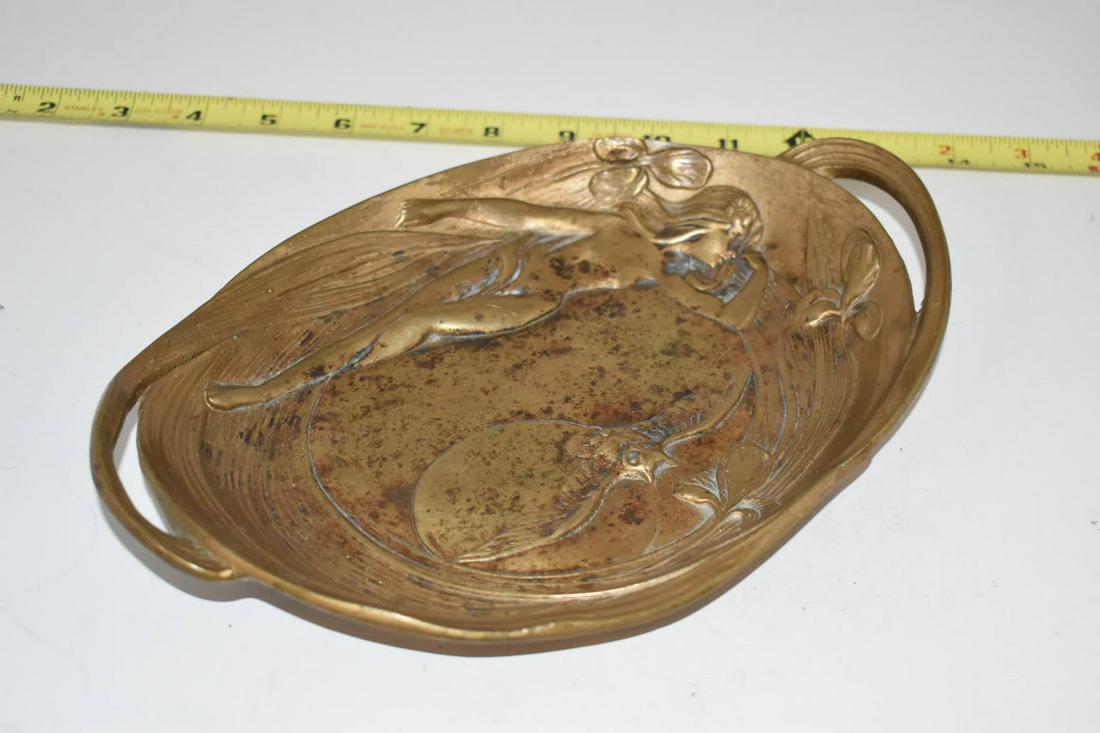 Vintage Ashtray Solid Brass Bronze Nudy Lady with Owl 10 x 7 inches Nice!!!! (1 of 6)