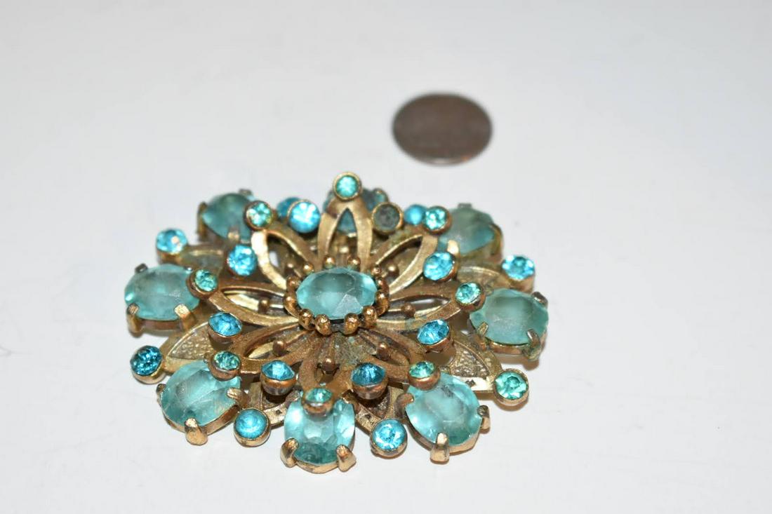Vintage Aqua Blue large flower Brooch 2 1/2 inch missing 1 stone. (1 of 3)